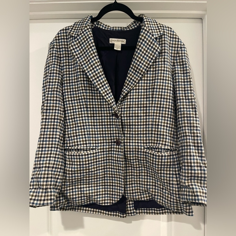 Banana Republic Blazer Shell 100%wool blue‎ brown white size s